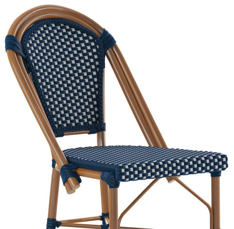 Set of 2 Stackable Indoor/Outdoor French Bistro 30" High Bar Stools, Navy & White/Natural Frame