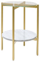 Benzara BM226512 Glass Top Metal End Table with Marble Shelf, Gold and White