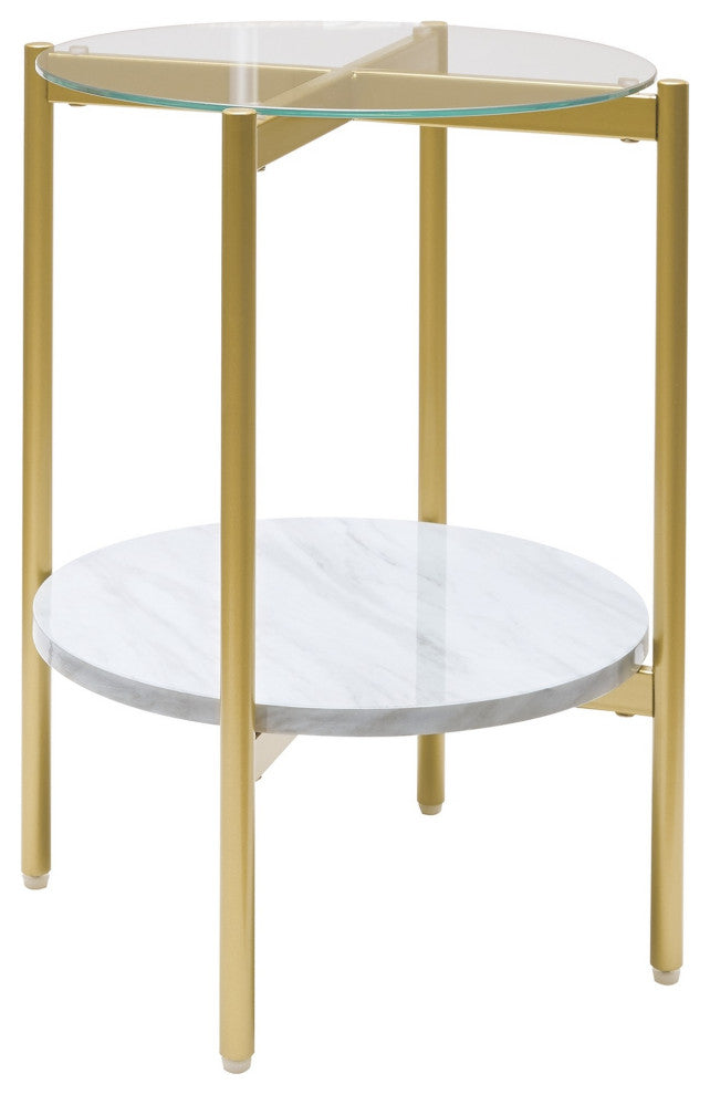 Benzara BM226512 Glass Top Metal End Table with Marble Shelf, Gold and White