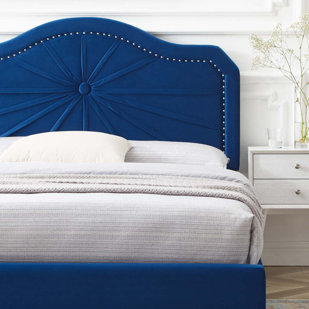 Platform Bed Frame, King Size, Velvet, Blue Navy, Modern Contemporary, Bedroom