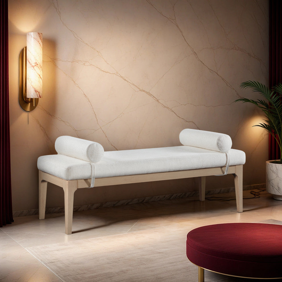 Priscilla Upholstered Bench, Cream, Linen Textured Fabric, Natural Finish