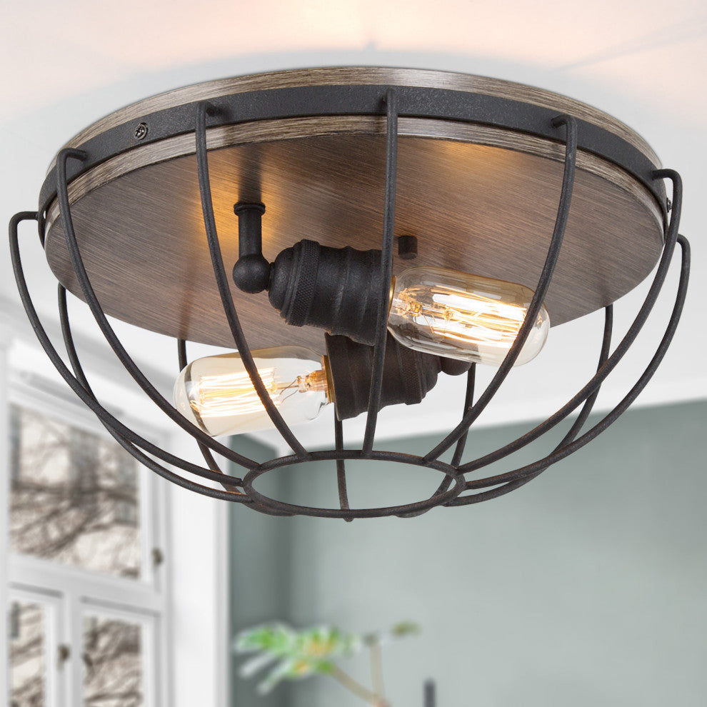 LNC Farmhouse 2-Light Balck Cage Flush Mount Ceiling Light With Wood Accent