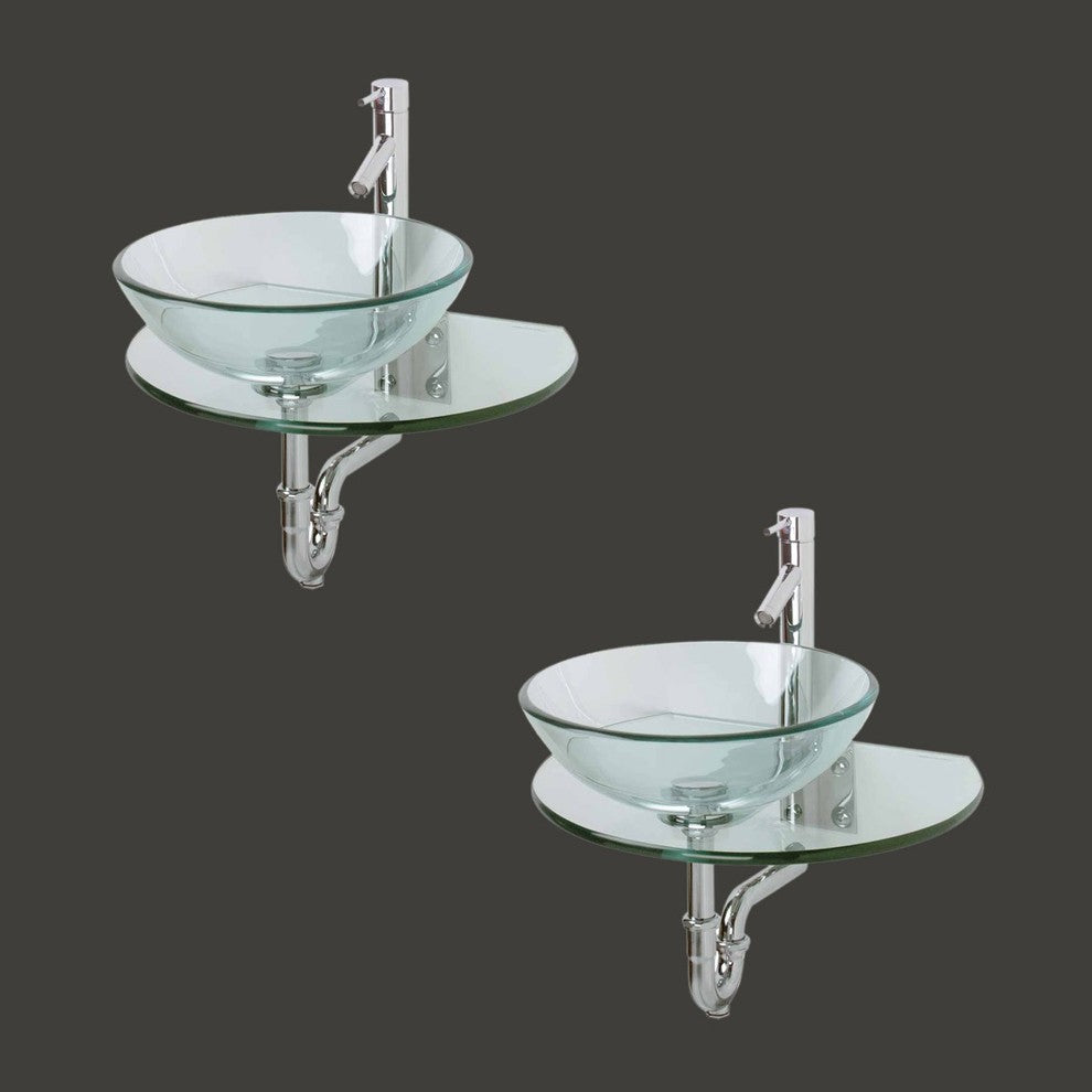 Wall Mount Tempered Glass Vessel Sink Round and Clear with Faucet and Drain