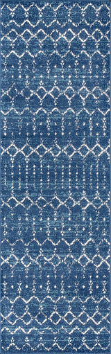 Moroccan HYPE Boho Vintage Diamond Runner Rug, Blue/White, 2 X 8