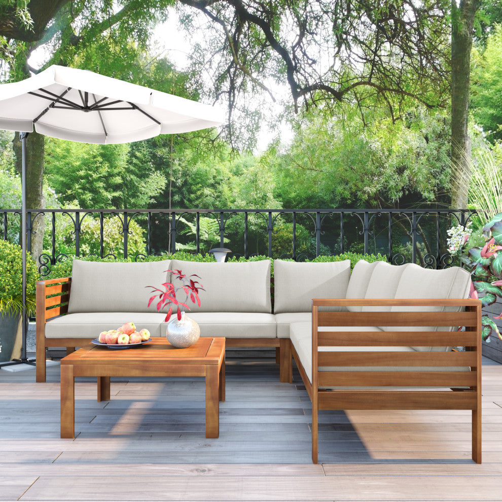 Wood Structure Outdoor Sofa Set with gray Cushions, Beige