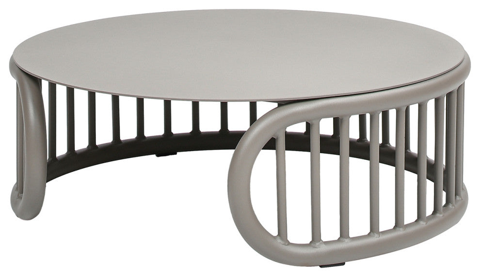 Harper 34.5" Aluminum Barrel Outdoor Patio Round Coffee Table, Geige Taupe