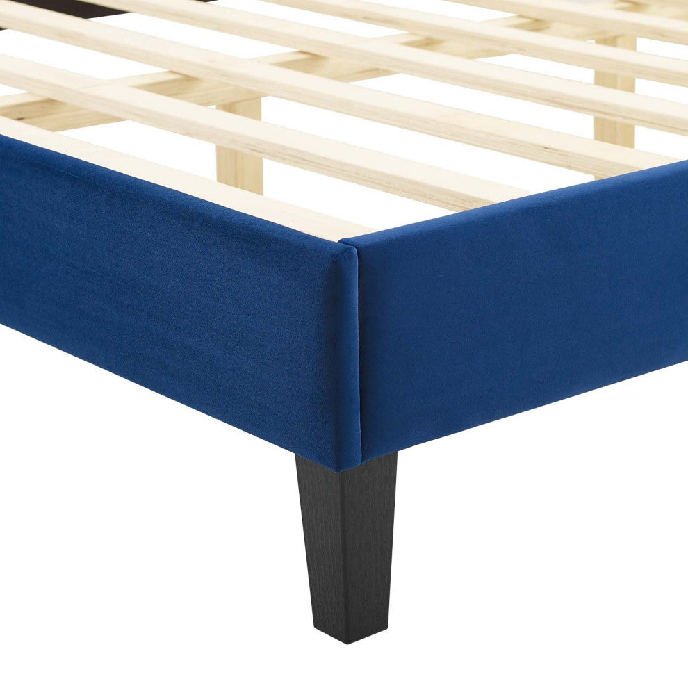 Platform Bed Frame, King Size, Blue Navy, Velvet, Modern, Bedroom Guest Suite