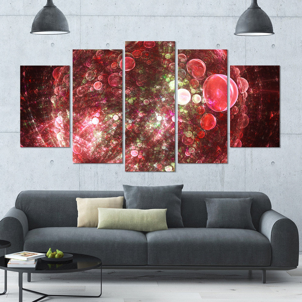 Red Spherical Planet Bubbles, Contemporary Canvas Art Print, 60"x32", 5 Panels
