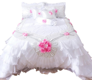 Tache 6-Piece Rose Pink White Satin Ruffled Bedding Set, Queen