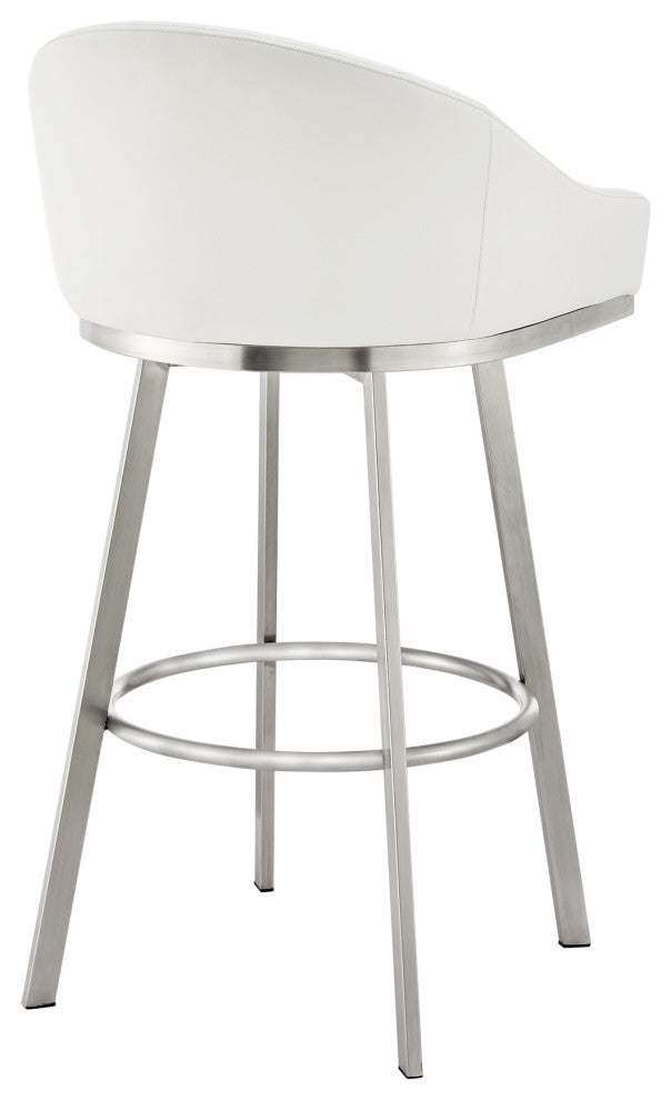 Noran Swivel Counter Stool, Brushed Stainless Steel With White Faux Leather