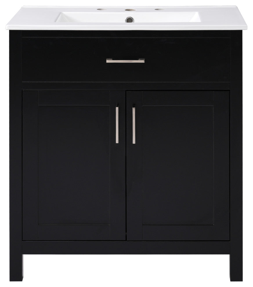 30 Inch Bathroom Vanity with Ceramic Sink and Ample Storage, Black