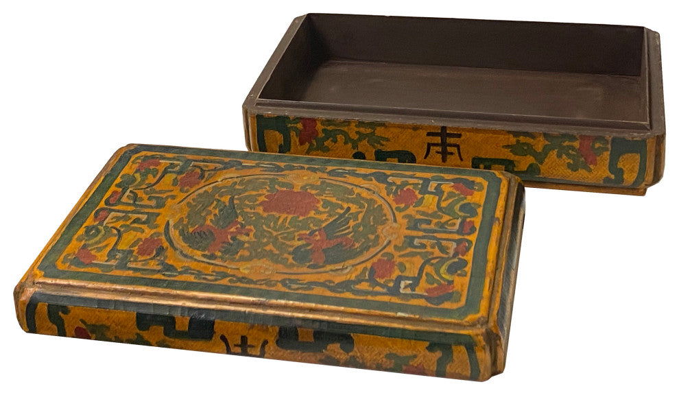 Chinese Distressed Yellow Phoenix Graphic Rectangular Shape Box Hws1993