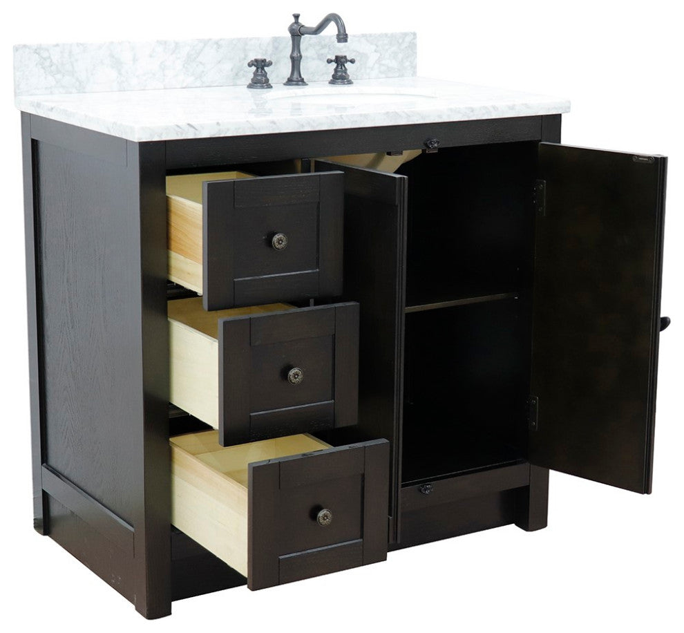37" Single Vanity, Brown Ash With White Carrara Top, Right Doors/Right Oval Sink