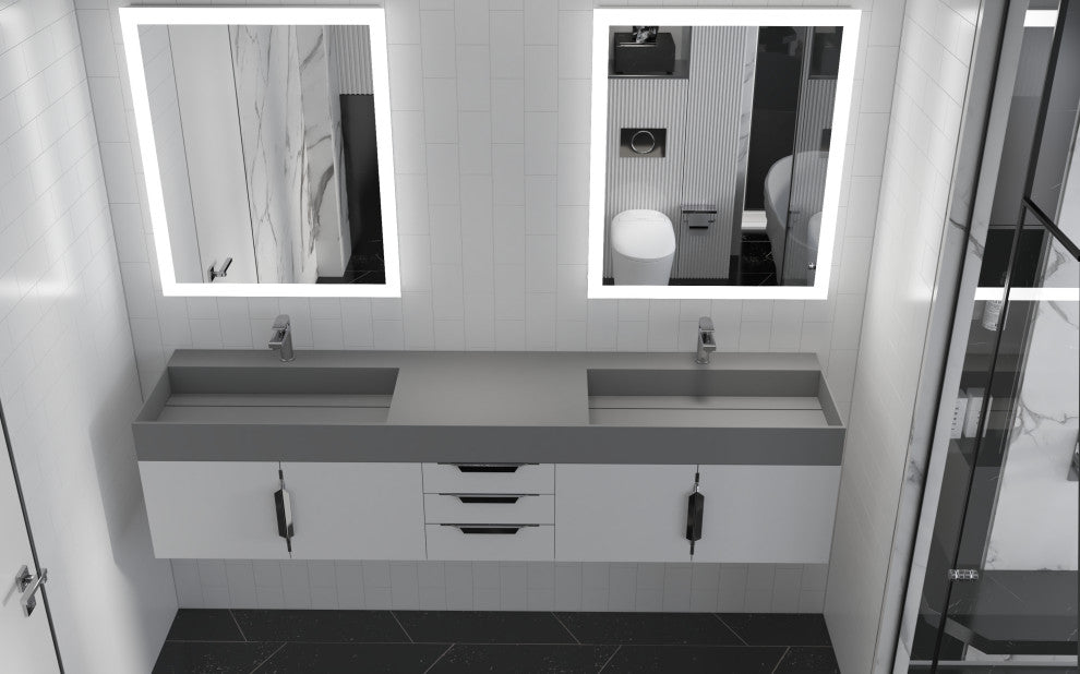 CastelloUSA Amazon 84" Wall Mounted Bathroom Vanity Set, White, Gray Top, Brushed Nickel