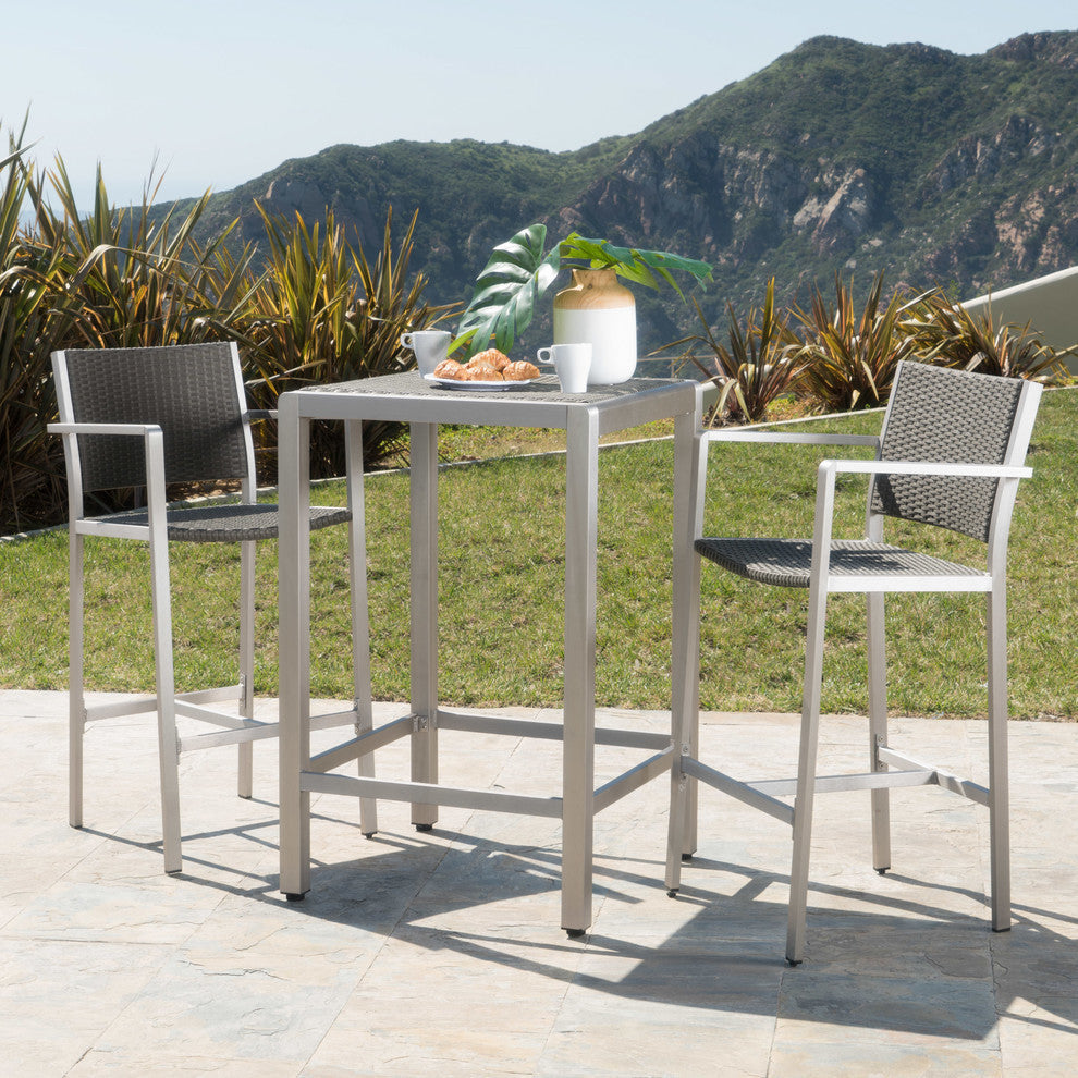 GDF Studio 3-Piece Capral Outdoor Gray Wicker Bar Set
