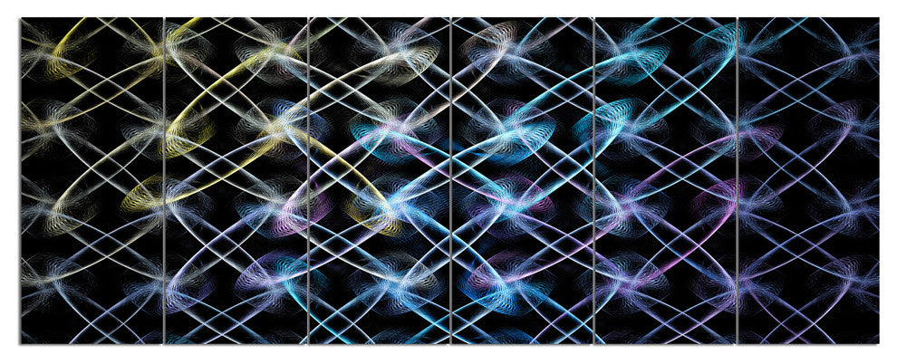 Blue Unusual Fractal Metal Grill, Abstract Canvas Wall Art, 70"x28", 6 Panels