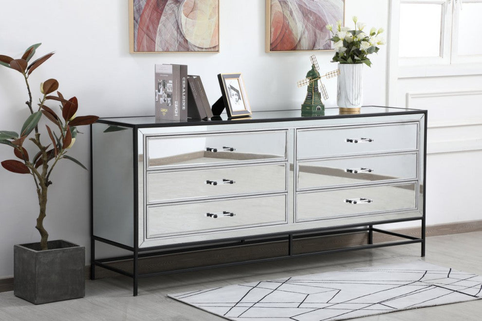 Jesse 72" Mirrored 6-Drawer Chest, Black