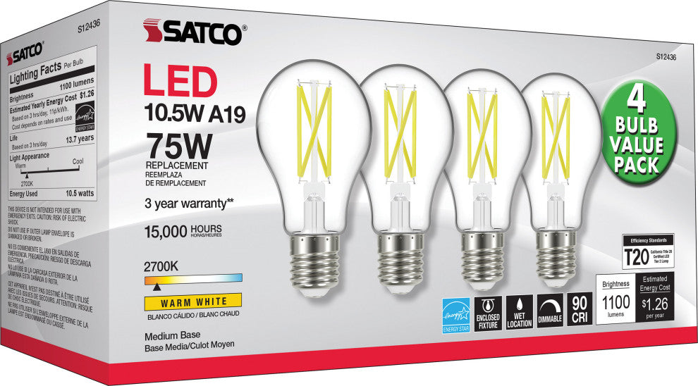 10.5W A19 LED, 75W Replacement, Clear, Medium Base, 2700K, 120V, 4-Pack