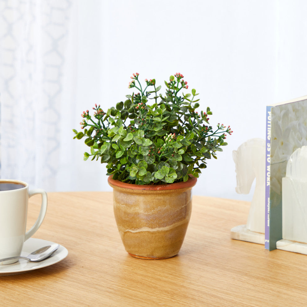 10" Eucalyptus and Sedum Succulent Artificial Plant, Ceramic Planter