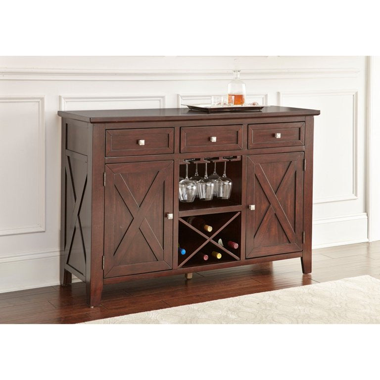 Spacious Sideboard, X-Shaped Wine Rack & Hanging Glass Stemware Rack, Espresso