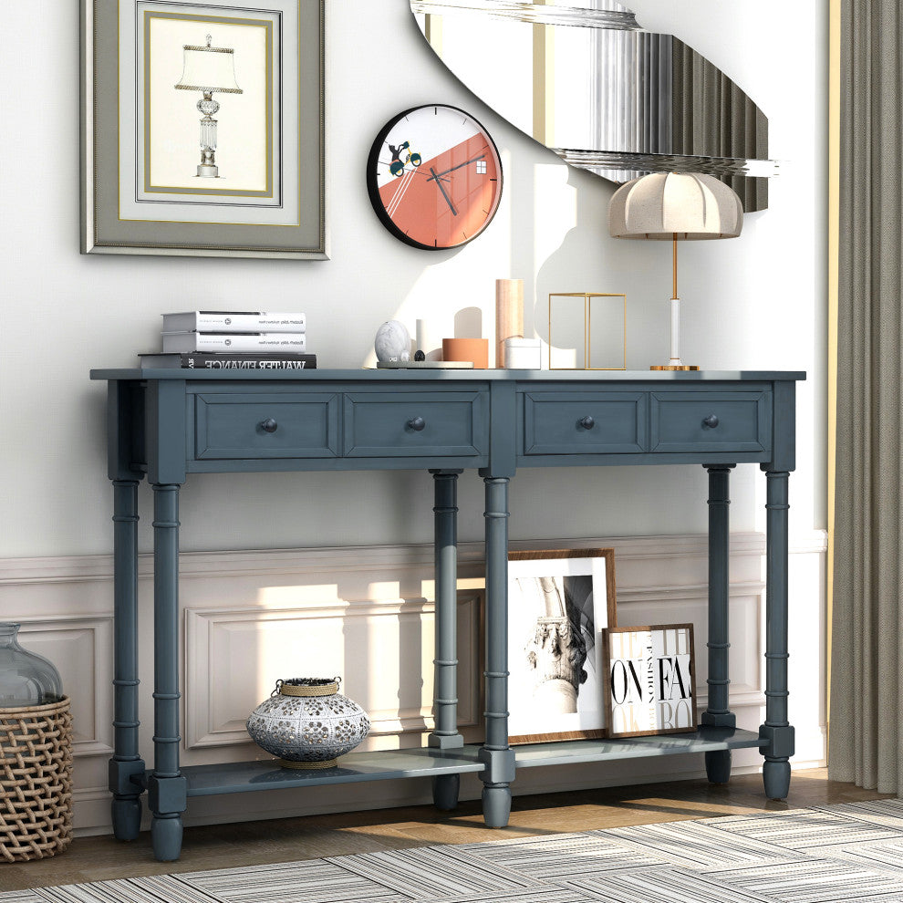 58" Two-Drawer Console Table Bottom Shelf for Living Room Antique Navy