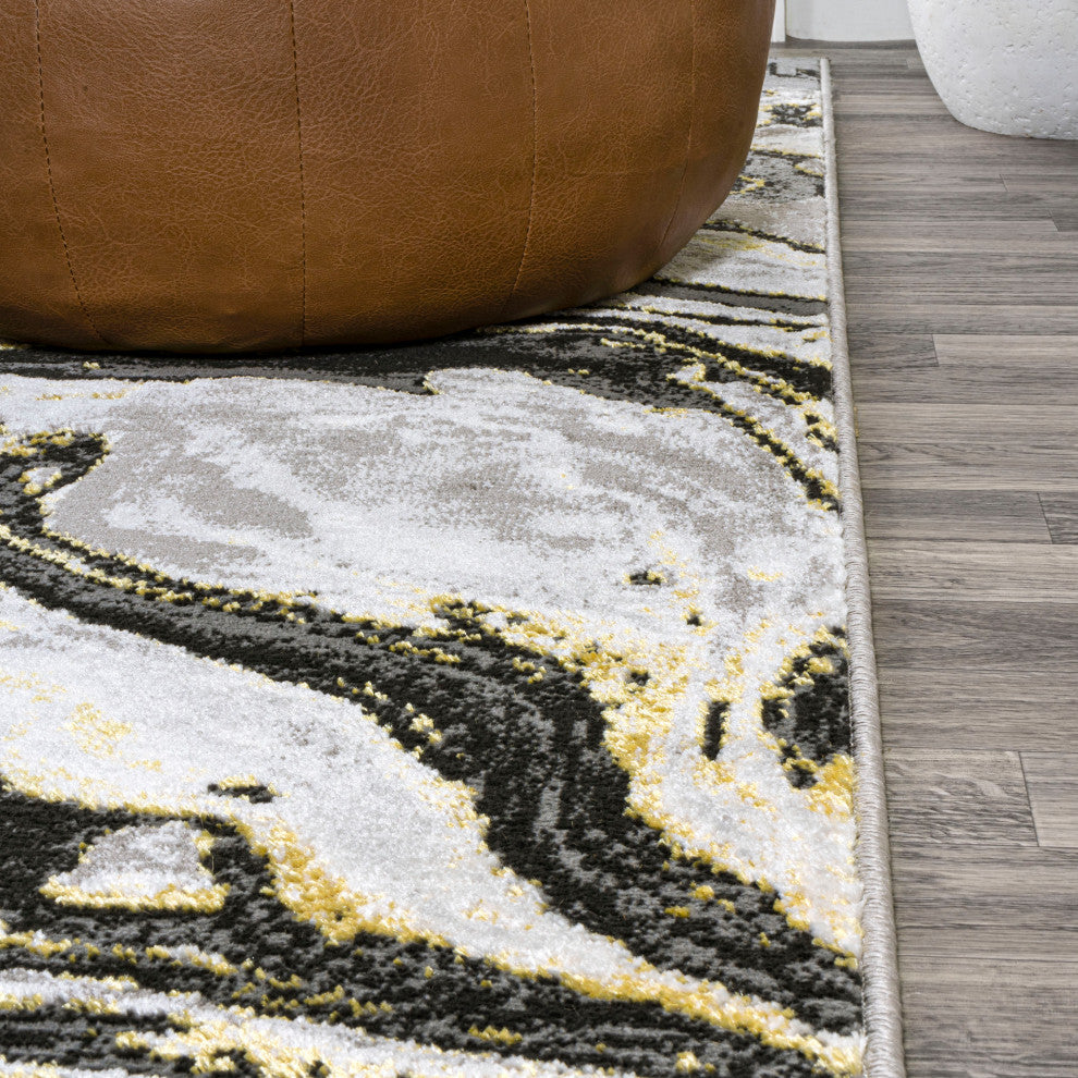 Swirl Marbled Abstract Area Rug, Black/Yellow, 2 X 8