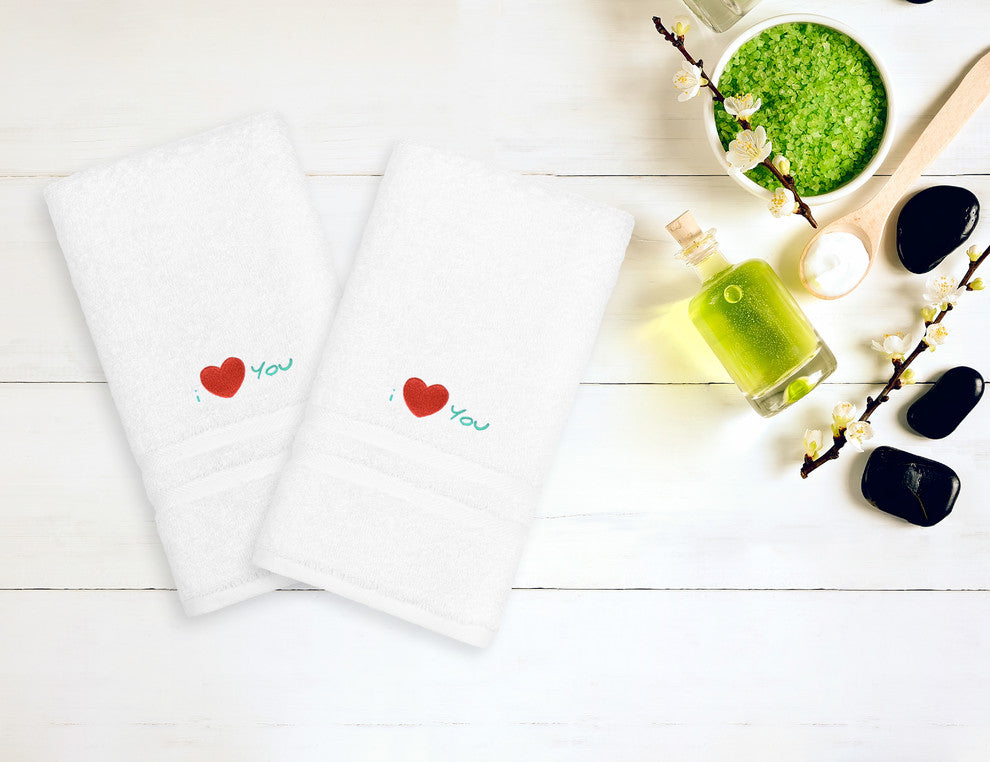 "I Love You" Embroidered White Hand Towels, Set of 2, Aqua
