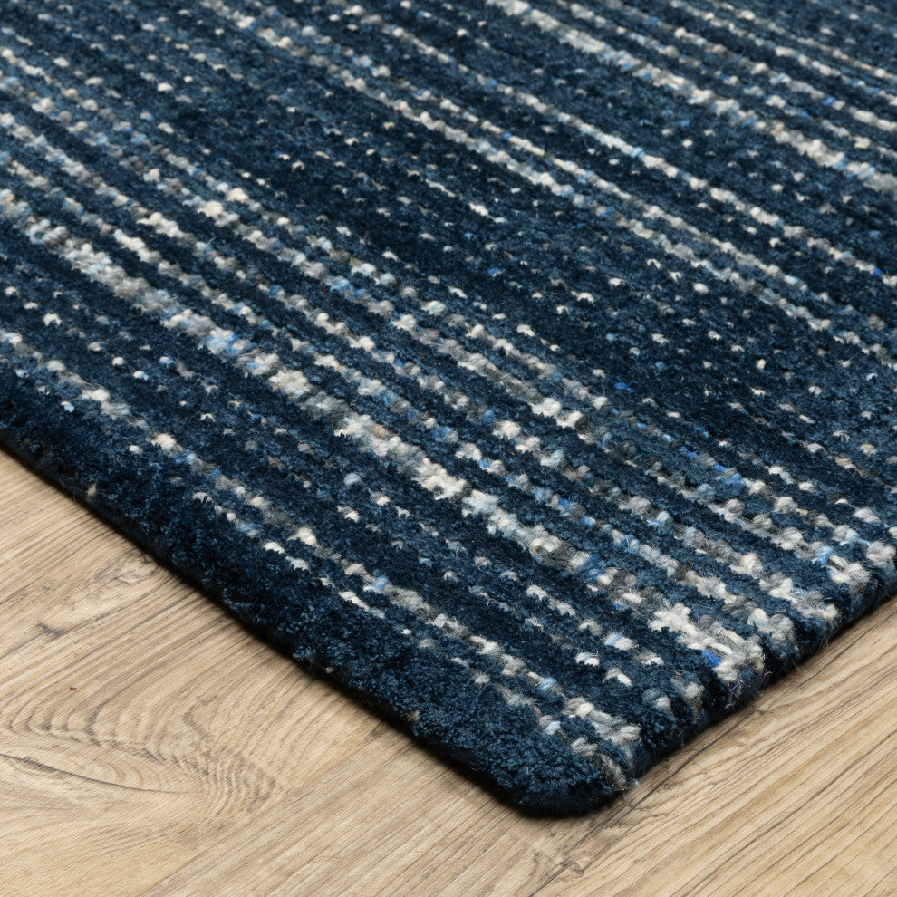 Cayden Textural Stripe Wool Blend Navy/ Blue Hand-tufted Rug 8' x 10'