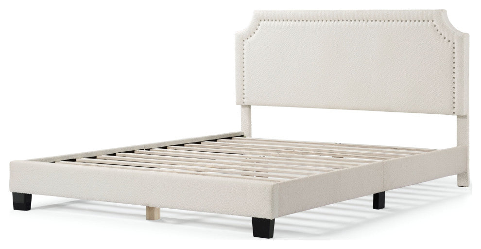 Miles White Boucle Upholstered Wood Frame Platform Bed, Queen, Naihead Trim