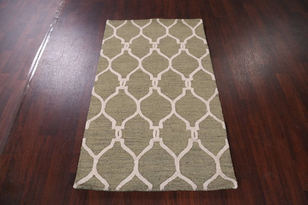 Transitional Trellis Oushak Oriental Hand-Tufted Area Rug, Sage Green, 3x5'