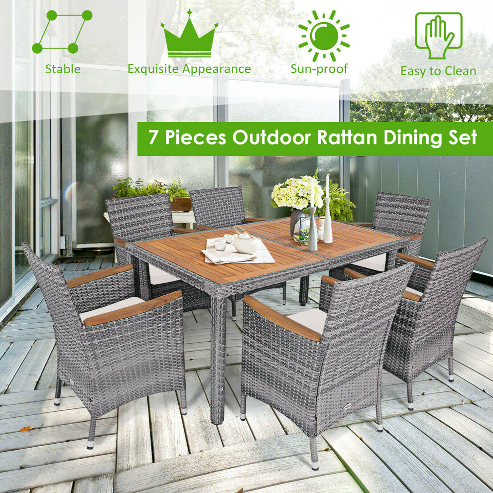 Costway 7PCS Patio Rattan Dining Set Acacia Wood Table Cushioned Chair Mix Gray