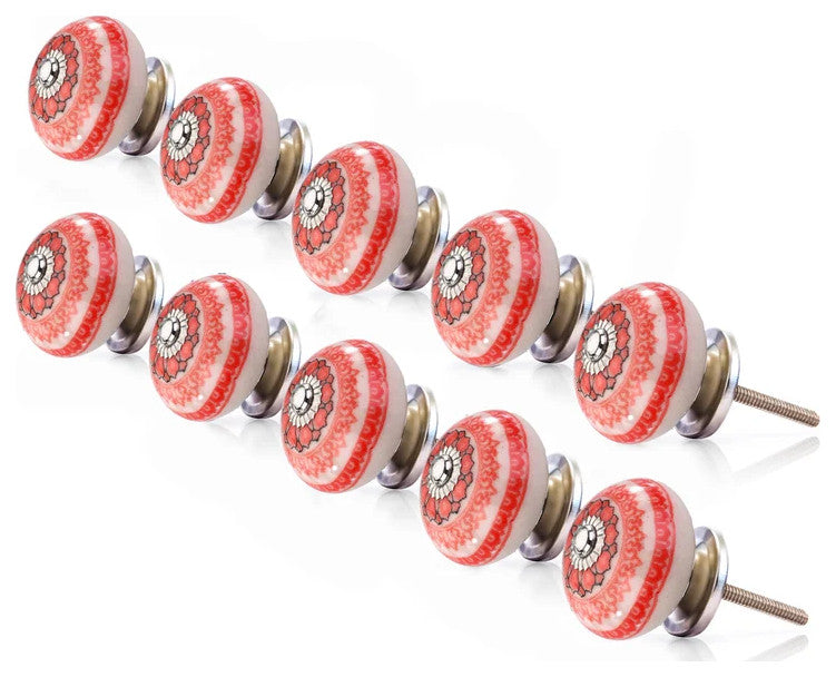 Mascot hardware Ceramic Knob with Red Floral Design - Pack of 10
