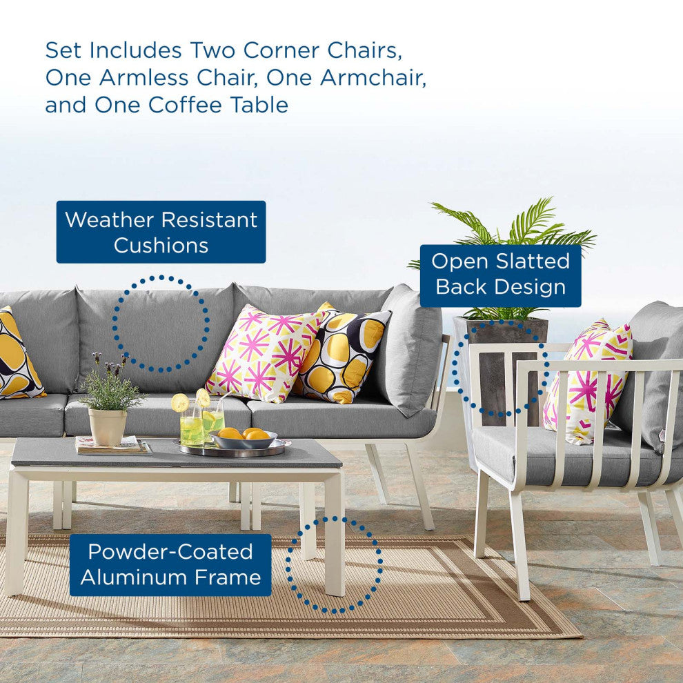 Lounge Sectional Sofa Chair Set, Aluminum, Metal, White Gray, Outdoor