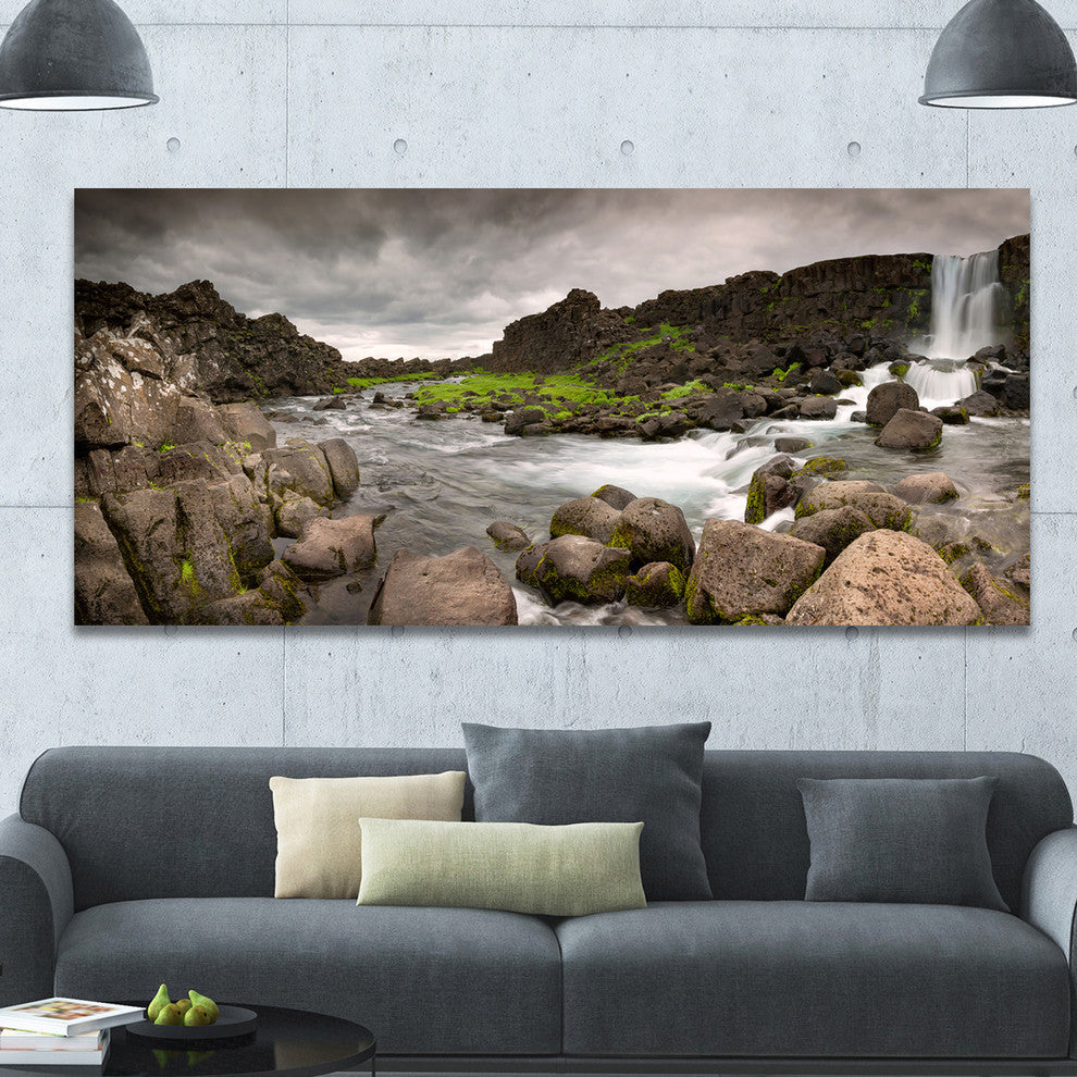 Dramatic Oxarafoss Waterfalls, Oversized Abstract Canvas Art Print, 60x28