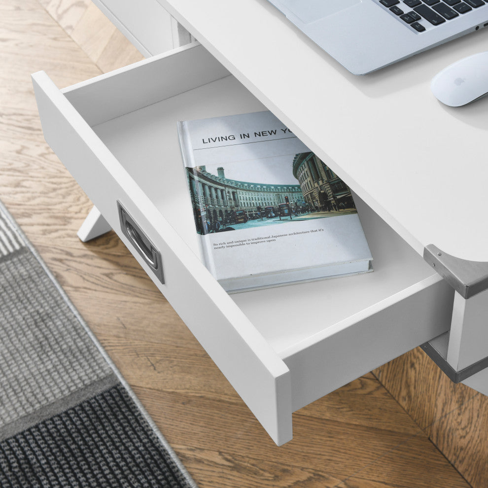 TATEUS Computer Desk with Storage, Solid Wood Desk with Drawers, White