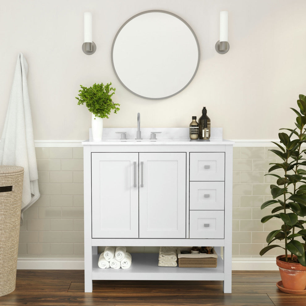 Vega Bath Vanity-Sink, Soft Close Doors, 3 Drawers, Carrara Marble Finish Top, White, 36 Inch
