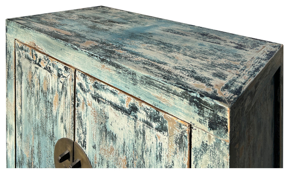 Distressed Teal Blue Marks Moon Face Slim Credenza Side Cabinet Hws4392