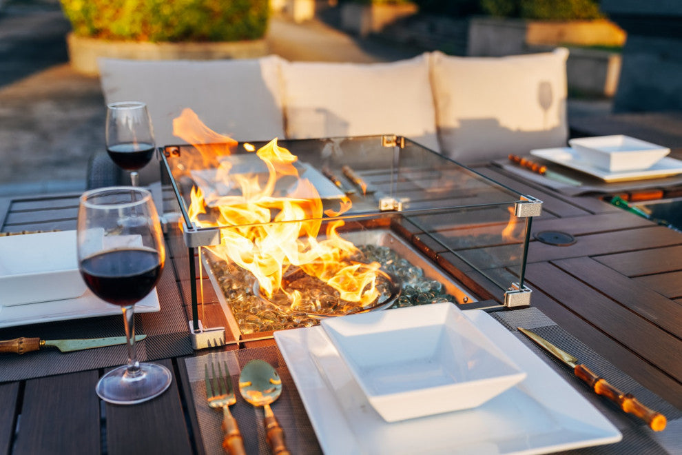 7-Piece Patio Wicker Sofa Set with Firepit & Ice Container Table, Brown