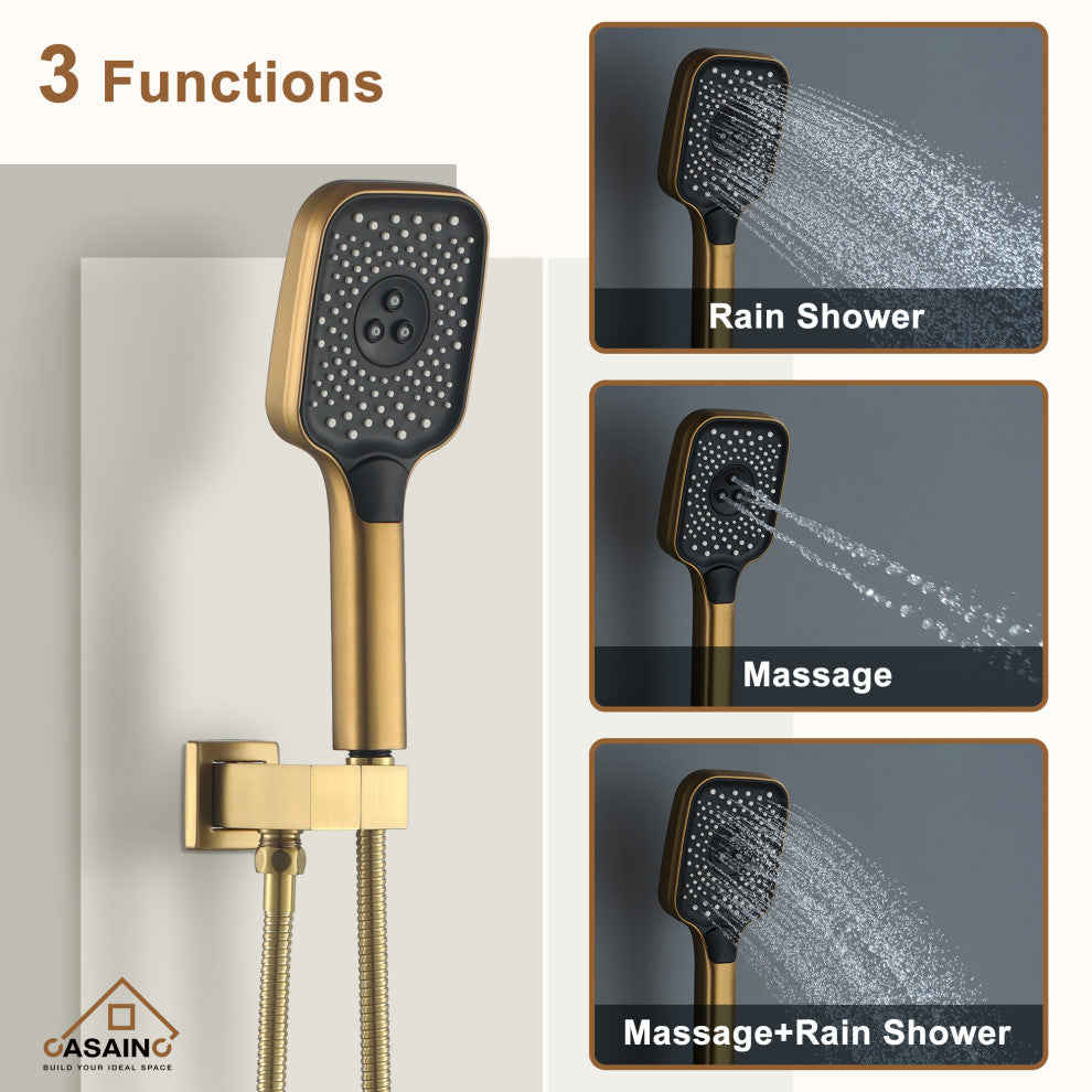 CASAINC 12" Wall Mounted Rainfall Shower Head with 6 Body Jets Shower System, Brushed Gold