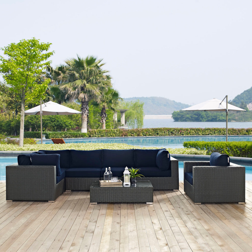 Canvas Navy Sojourn 7 Piece Outdoor Patio Sunbrella Sectional Set