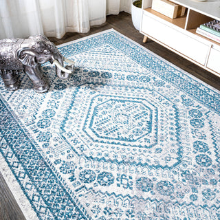 Boho Cottage Medallion Runner Rug, Blue/White, 5'x8'