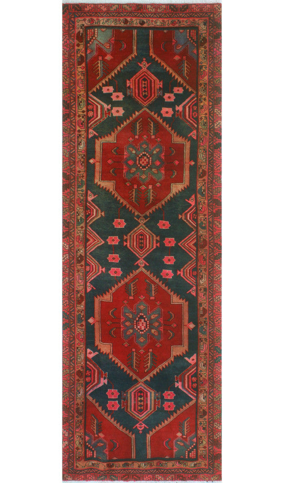 Fine Vintage Distressed Khaleesi Navy/Burgundy Runner, 3'4x10'8
