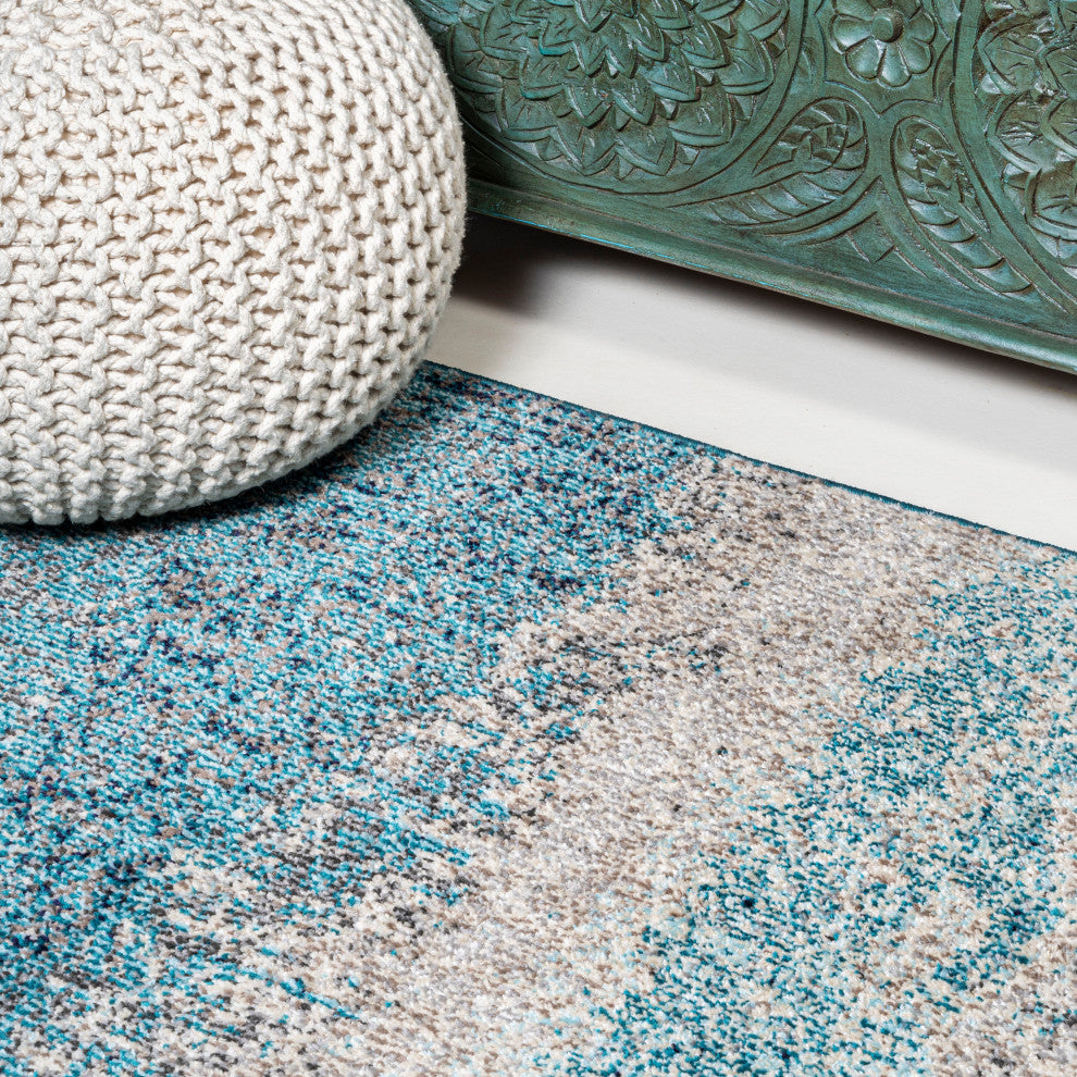 Contemporary POP Modern Abstract Vintage Area Rug, Cream/Turquoise, 2 X 8