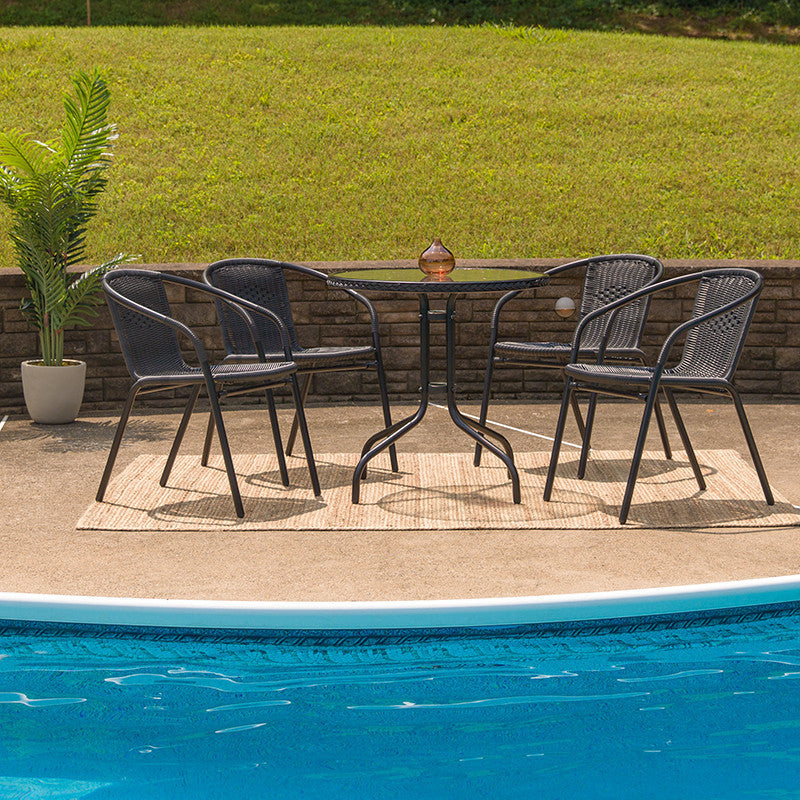 28'' Round Glass Metal Table and 4 Black Rattan Stack Chairs
