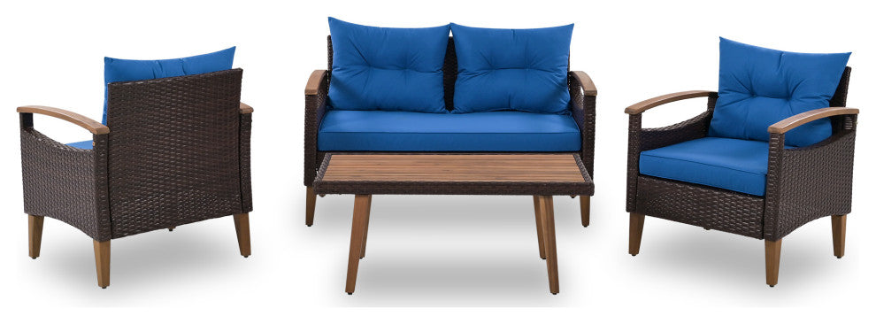 4-Piece Outdoor Wicker Patio Sofa Set with Wood Table and Removable Cushions, Blue
