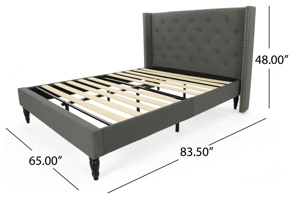 GDF Studio Ray Traditional Fully-Upholstered Queen-Size Bed Frame, Charcoal Gray