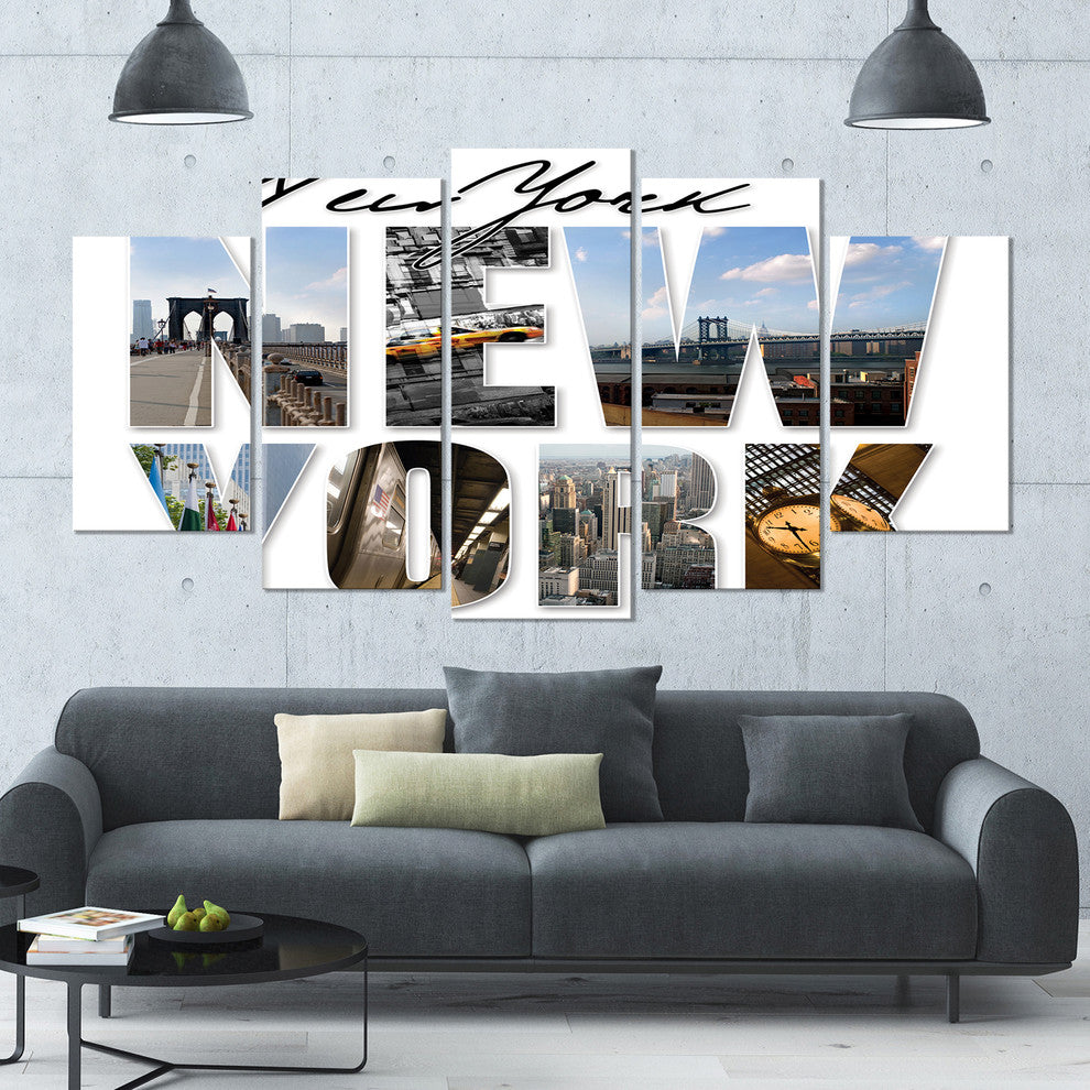 New York City Graphic Montage, Cityscape Canvas Art Print, 60"x32", 5 Panels