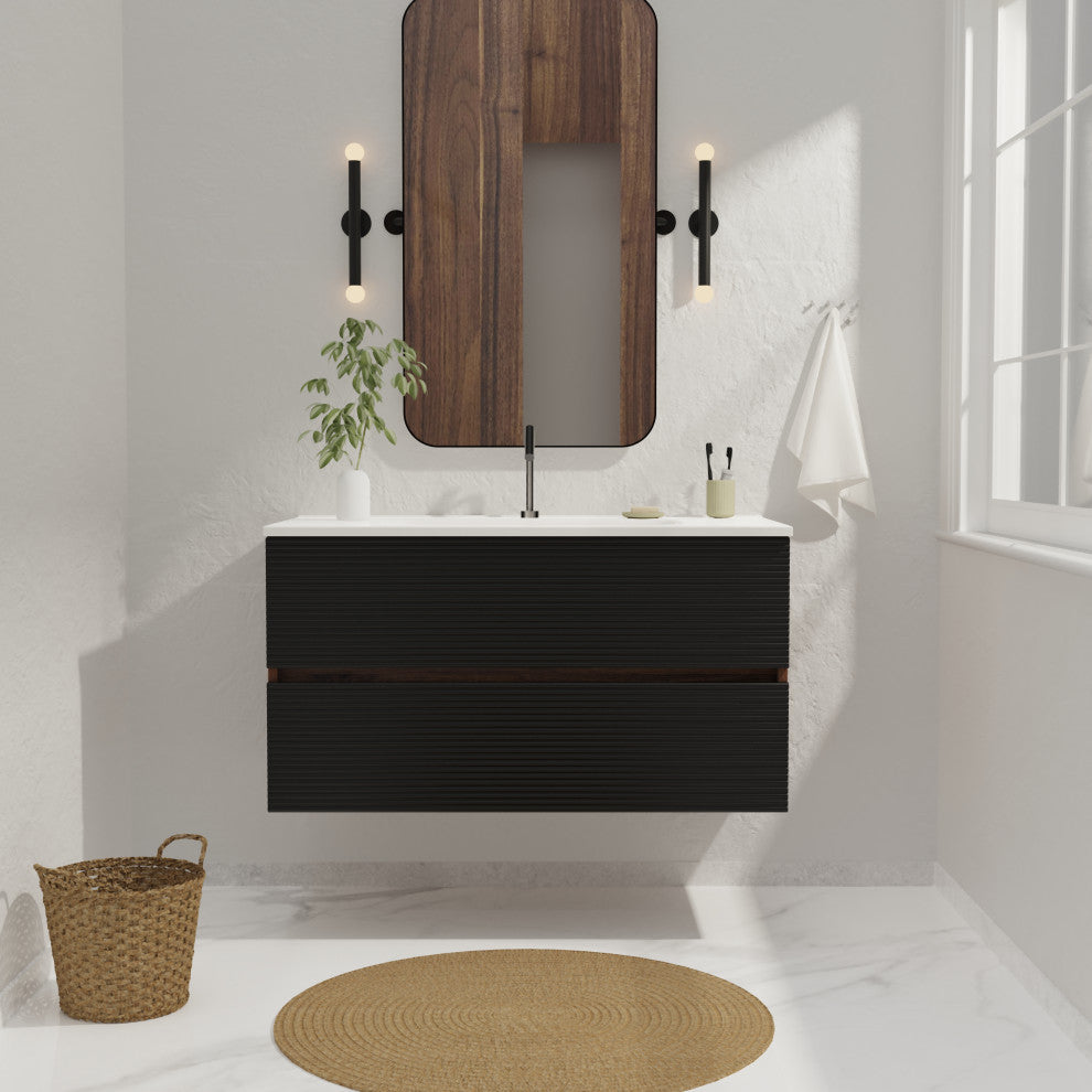 Wall-Mounted Bathroom Vanity Set with Integrated Ceramic Sink, Black, 36"