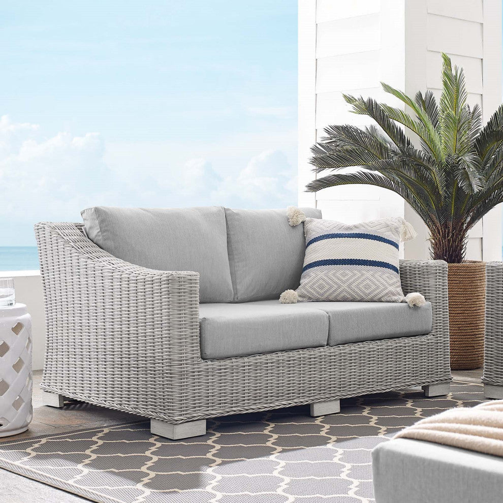 Lounge Loveseat Sofa, Sunbrella, Rattan, Wicker, Gray, Modern, Outdoor