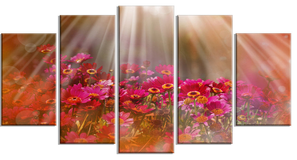 Sunlight Over Small Red Flowers, Large Floral Canvas Artwork, 60"x32", 5 Panels